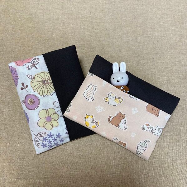 ポケットティッシュケース2個【おまけ…ポケットティッシュ2個付き】ハンドメイド ねこ お花