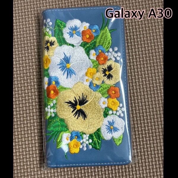 Galaxy A30 手帳型 ブルー パンジー 花柄 スマホケース 可愛い 人気