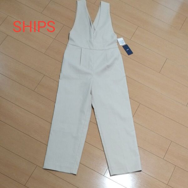 シップスSHIPS サロペット オールインワン サイズFree ベージュ Vネック 未使用タグ付き