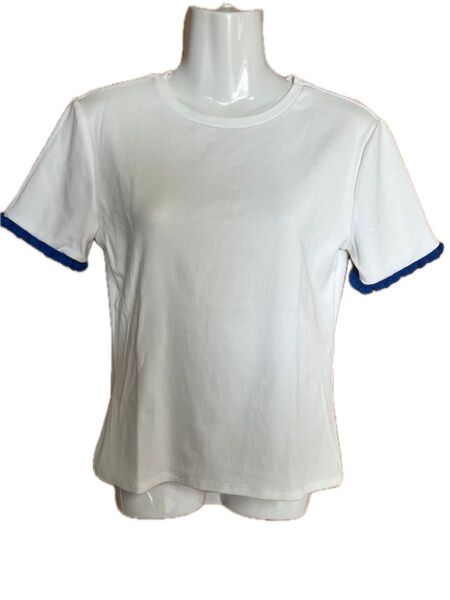 【ZARA】袖異素材ラウンドネック半袖ストレッチTシャツ L 白Tシャツ