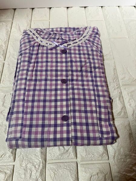 【未使用】マタニティ半袖パジャマ授乳口付き前開き上下セット Mサイズ ラベンダー チェック柄レースリボン パフスリーブ 綿100%