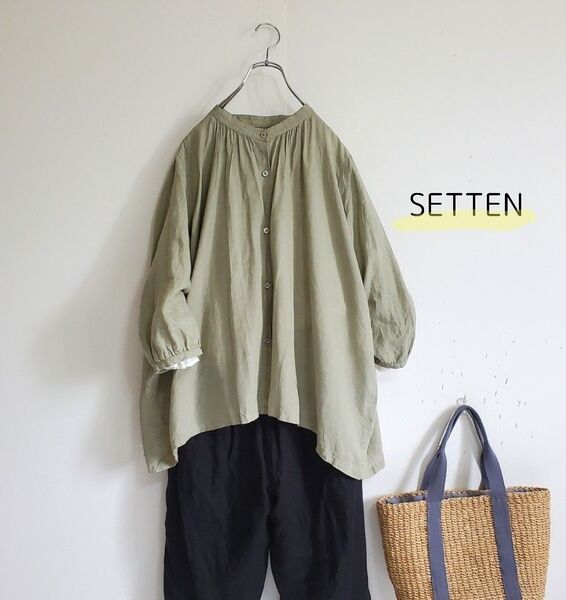 SETTEN セッテン ノーカラーギャザーワイドブラウス