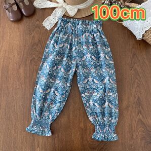 新品 子供用スモッキングパンツ - 虫刺され予防、薄手、小鳥 花 青い 100