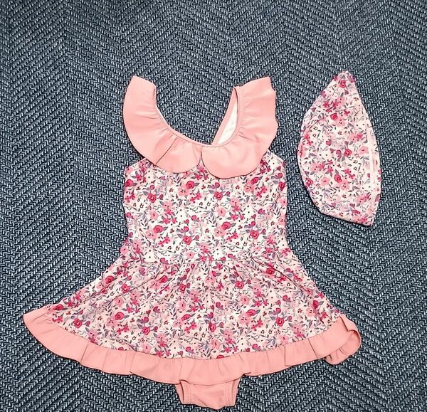 【スイムキャップ付き】ブランシェス ワンピース型水着 花柄 ピンク 女の子 100