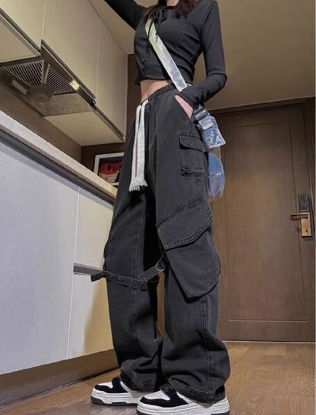 デニム カーゴパンツ サイドポケット ベルト ストリート ワイド ワークパンツ ブラック ユニセックス ヒップホップ ボトムス