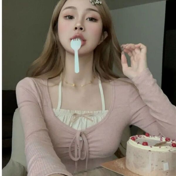 Mサイズ ピンク ホルターネック リボン 韓国 大人 長袖 推し活 フレンチガーリー アイドル 量産型 Y2K バレエコア
