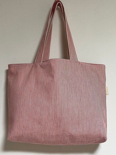 ハンドメイド 赤ヒッコリーのトートバッグ サブバッグ 肩掛け