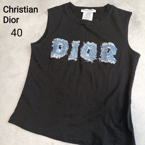 極美品 クリスチャン ディオール Christian Dior ガリアーノ期 デニム プリント ノースリーブ L 黒 ヴィンテージ