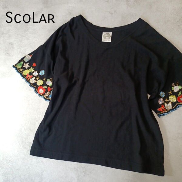 定番人気 スカラー 刺繍 Tシャツ カットソー ブラック フルーツ Vネック 半袖Tシャツ トップス