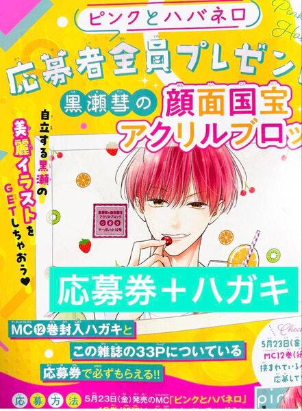 ピンクとハバネロ 12巻 マーガレット12号 応募者全員プレゼント 黒瀬彗の顔面国宝アクリルブロック 応募券 応募ハガキ