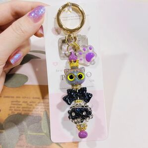カスタムビーズキーホルダー 黒猫ちゃん No.1522 ハンドメイド