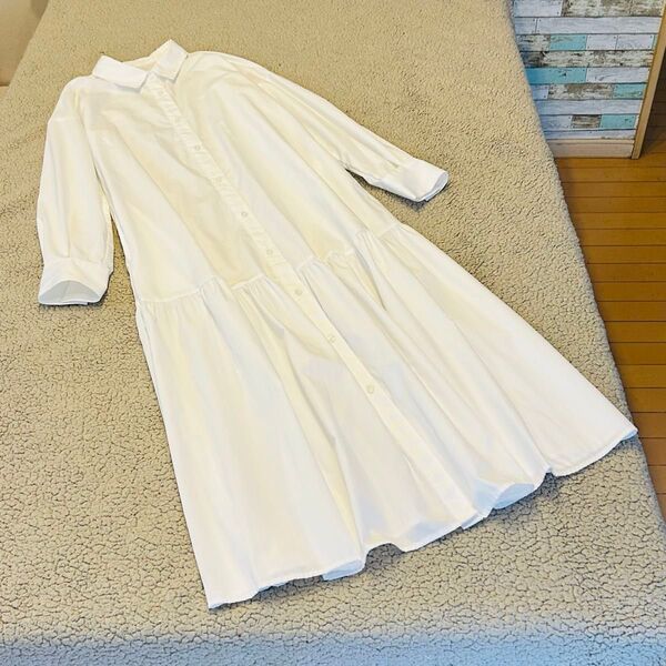 美品 ★GU★ レディース シャツ ワンピース 【S】長袖 ロング 白 ボタン 春夏 ゆったり 体型カバー