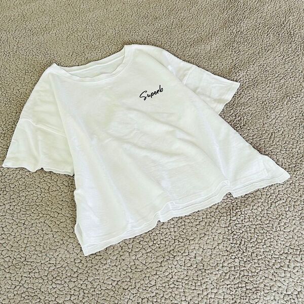 大人カジュアル ◆ワイドTシャツ◆ 白 ロゴプリント【L】コットン100 シンプル 半袖 カットソー