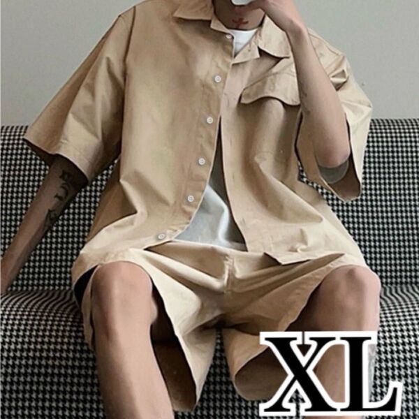 セットアップ メンズ XL カーキ シャツ 半ズボン カジュアル