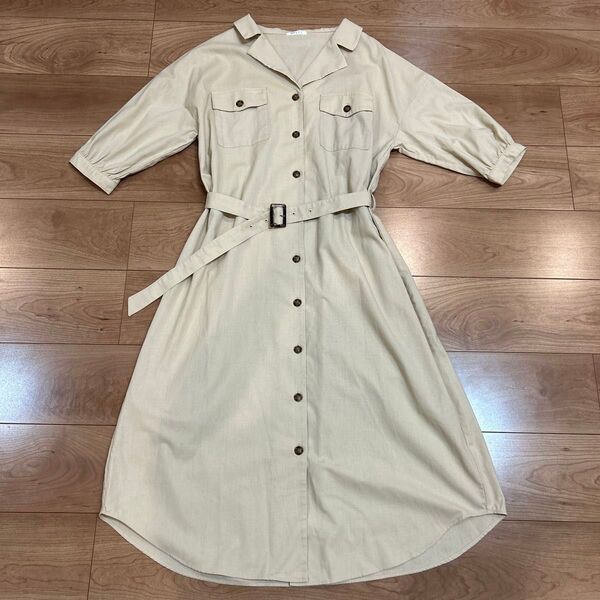 No.152 ハニーズ ロングワンピース 襟付き ベルト付き ベージュ