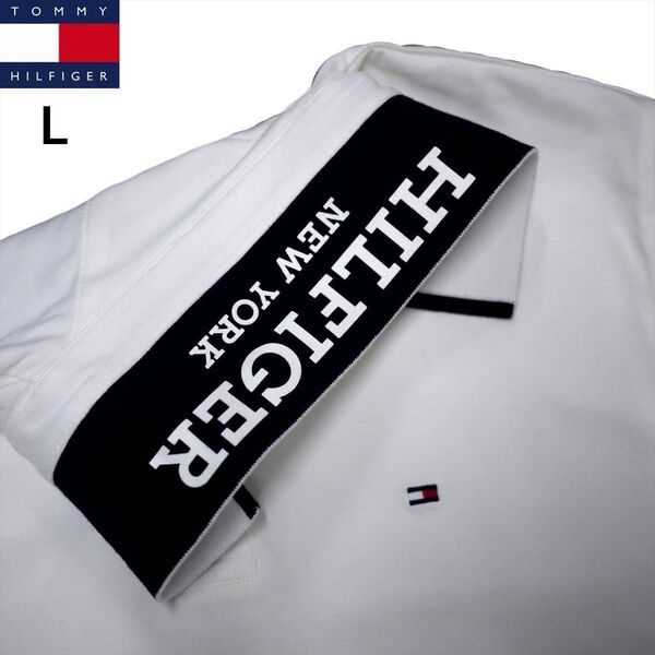 新品 トミーヒルフィガー L 刺繍ロゴストレッチ ポロシャツ 白 ゴルフにも TOMMY HILFIGER