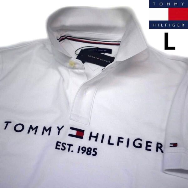 トミーヒルフィガー L 刺繍ロゴ ストレッチ ポロシャツ 白 ゴルフにも TOMMY HILFIGER