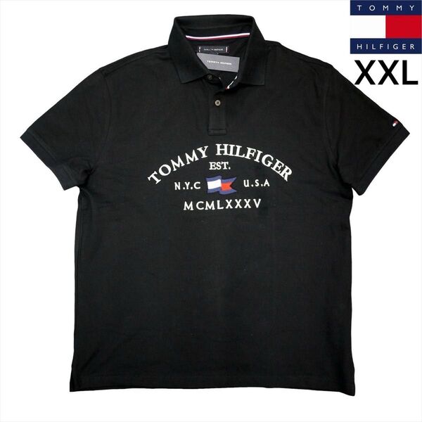 新品 トミーヒルフィガー XXL 刺繍ロゴストレッチ ポロシャツ 黒 ゴルフにも TOMMY HILFIGER
