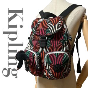 美品 キプリング kipling リュックサック バックパック デイパック 総柄 カラフル モンキー チャーム レディース A4