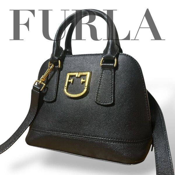 美品 フルラ FURLA ファンタスティカ ハンドバッグ ショルダーバック 2way ブラック黒 本革レザー レディース ゴールド