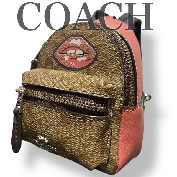 未使用級 コーチ COACH キーホルダー バッグチャーム 総柄 シグネチャー リップ PVCレザー ピンク レディース 小物入れ