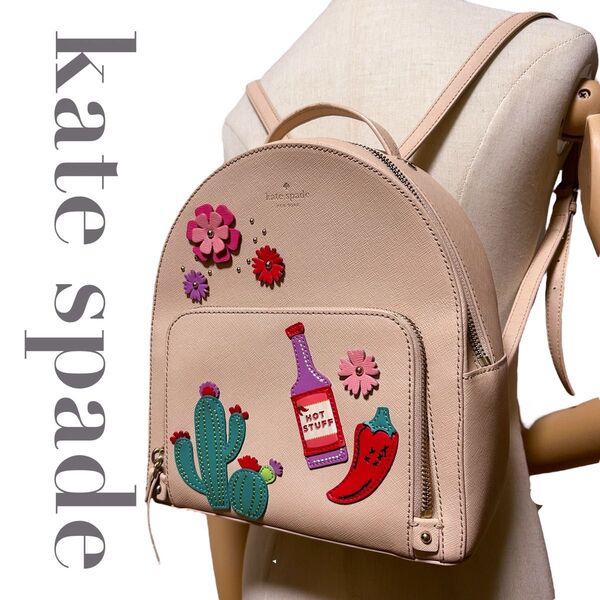 美品 希少 ケイトスペード kate spade ミニリュック デイパック ワッペン レディース レザー ピンク系 花