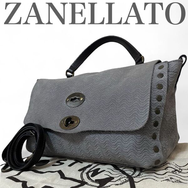 美品 ザネラート ZANELLATO ポスティーナ トートバッグ ショルダーバッグ 2way グレー 波模様 ターンロック カバン