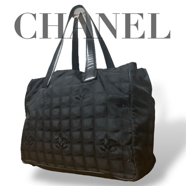 良品 シール有 シャネル CHANEL トートバッグ ニュートラベルライン ココマーク ブラック黒 総柄 A4収納 レディース 鞄