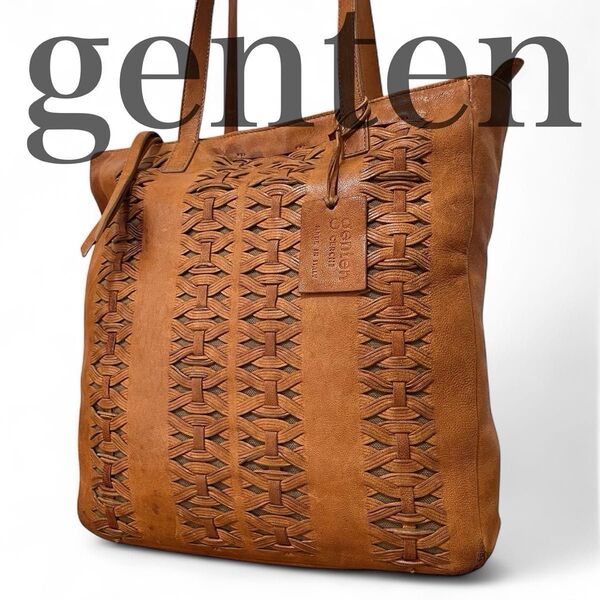 ゲンテン genten チェルキ CERCHI トートバッグ 肩掛け A4収納 カットワーク 編み込み 通勤通学 レザー ブラウン