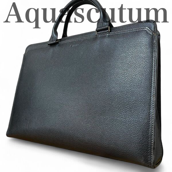 美品 アクアスキュータム Aquascutum ビジネスバッグ ブリーフケース 通勤会社学校 A4 レザー本革 ブラック黒 メンズ