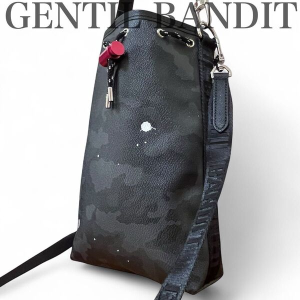 極美品 ジャンティバンティ Gentil Bandit 巾着バッグ ショルダーロゴ 2way クロスボディ ブラックカモフラ 迷彩