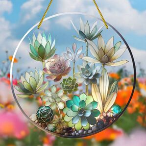 サンキャッチャー アクリル板 ステンドグラス風 多肉植物柄 インテリア インテリア雑貨 吊るし飾り 15cm オーナメント