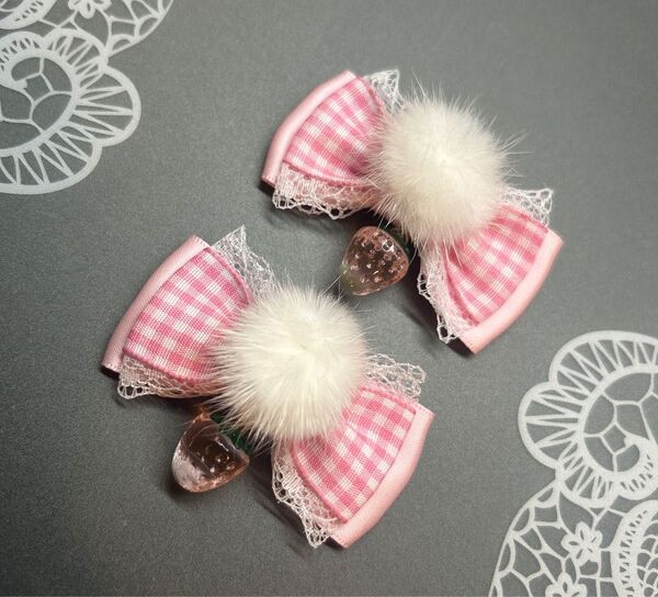 クリア苺ファーギンガムミニリボン ピンク ヘアクリップ 量産型 地雷 ゴスロリ 天使界隈 ロリータ