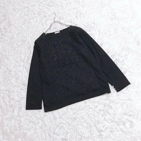 【ESSEME】カットソー (L) 長袖 異素材 刺繍デザイン 黒 ブラック
