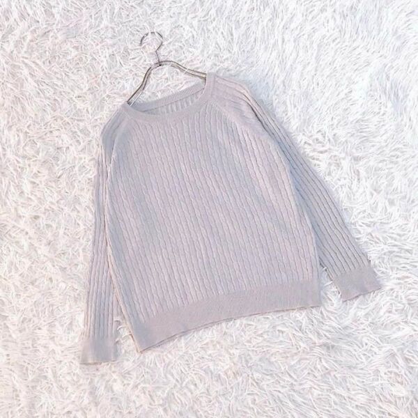 【favori】ニットトップス (M) 長袖 ケーブル編み グレー ウール混