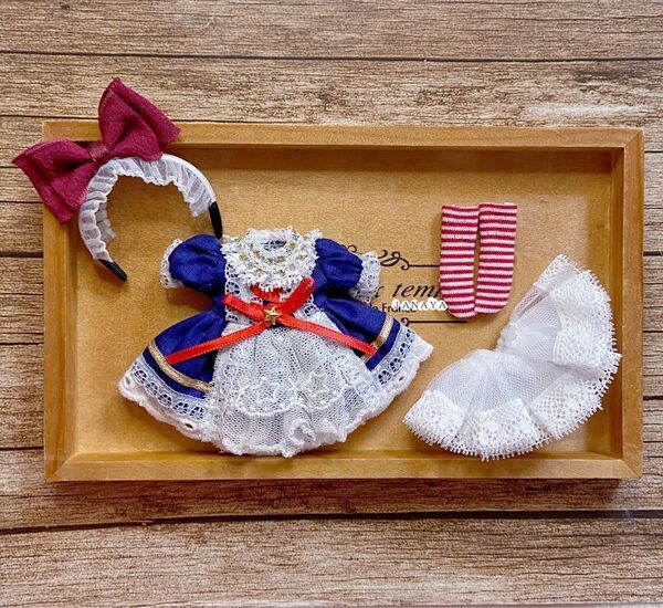 JANAYA ハンドメイド オビツ11服 紺色ワンピース 4点セット 赤リボン