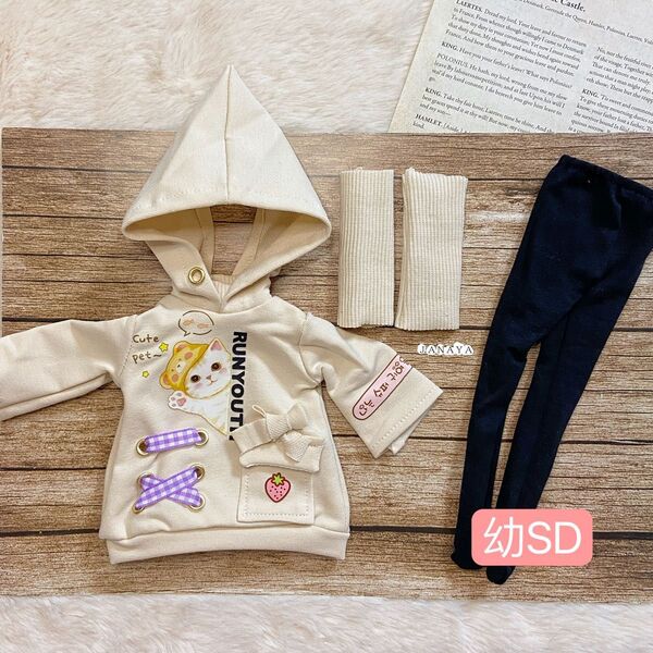 JANAYA ハンドメイド 幼SD服 ベジュー色猫柄洋服3点セット 翌日発送