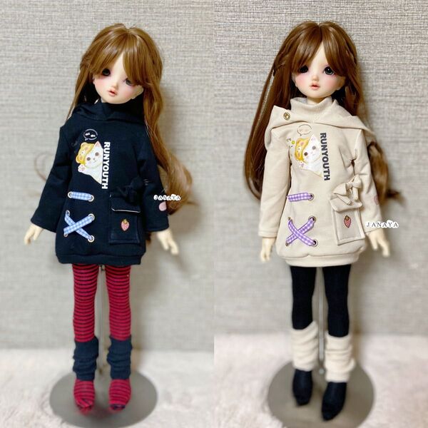 JANAYA ハンドメイド SDM服 猫柄パーカー 黒色とベジュー色 翌日発送