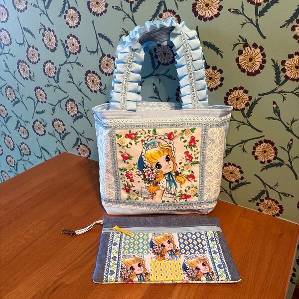 ハンドメイド ミニトートバッグ ポーチ 昭和レトロ