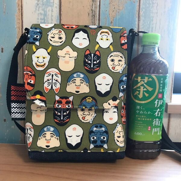 624 お面 グリーン 緑色 和風 和柄 昭和レトロ ハンドメイド スマホポーチ