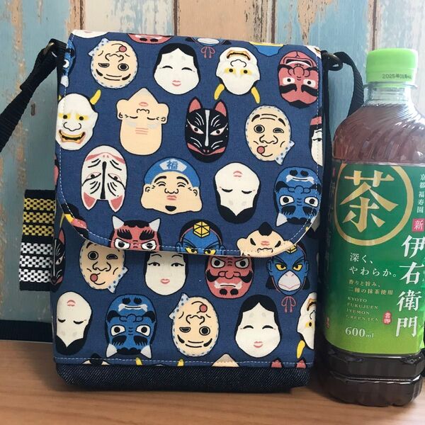 625 お面 ブルー 青色 和風 和柄 昭和レトロ ハンドメイド スマホポーチ