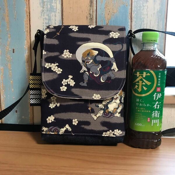 631 風神雷神 男性 中性的 和柄 中性帆布 前掛け 昭和レトロ ハンドメイド スマホポーチ