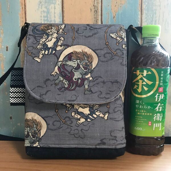 678 風神雷神 和柄 中性帆布 前掛け 昭和レトロ ハンドメイド スマホポーチ