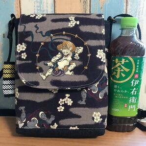 687 風神雷神 和柄 中性帆布 前掛け 昭和レトロ ハンドメイド スマホポーチ
