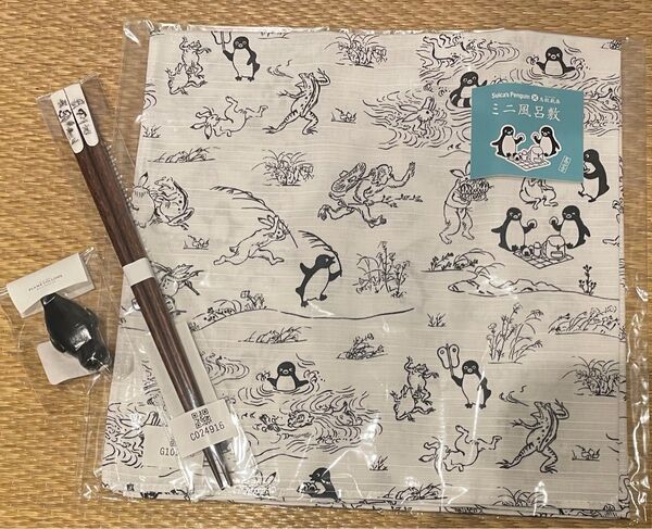 Suicaのペンギン 鳥獣戯画 ミニ風呂敷 天削げ箸 箸置き 3点おまとめ