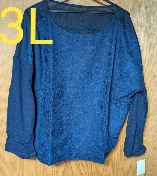 刺しゅう使い切替デザインブラウス 3L ネイビー ブラウス トップス