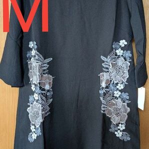 刺繍デザイン チュニック 黒系 M チュニック