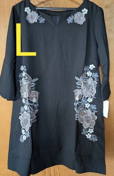 刺繍デザイン チュニック 黒系 L チュニック