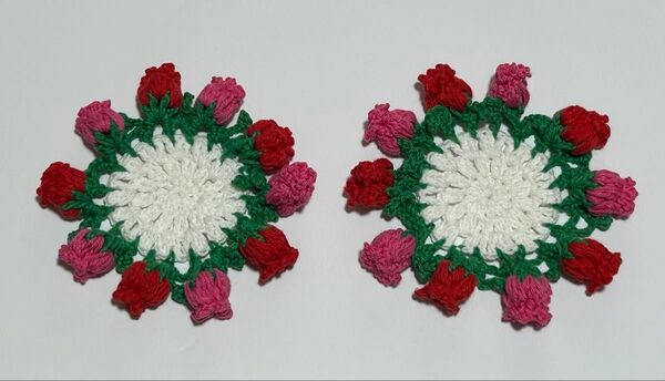 花束 ブーケ コースター 花モチーフ 2枚セット コットン 手編み ハンドメイド A