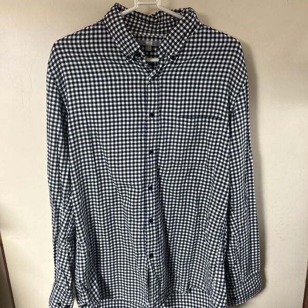UNIQLO ギンガムチェック柄 100%コットン長袖シャツ (オフ白×黒)L